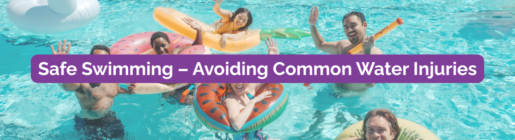 A group of friends having fun with pool floaties on a sunny day in a pool.
Safe swimming - Avoiding common water injuries
